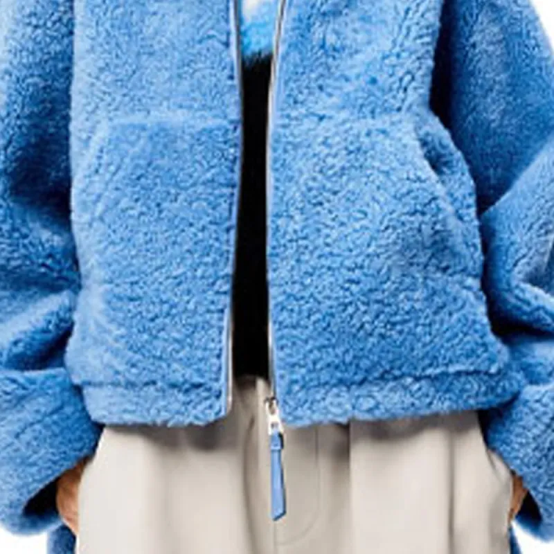 LOEWE Hooded Shearling Jacket 'Blue/Navy'-5