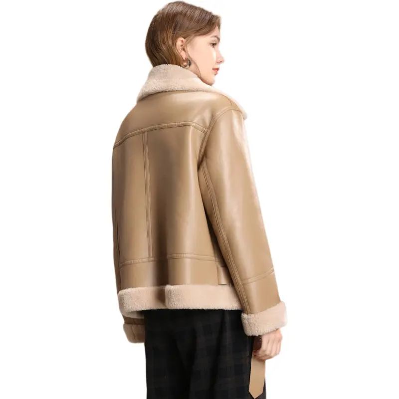 FENHONGMALI Leather Jacket Women's Oatmeal/Light Khaki-3