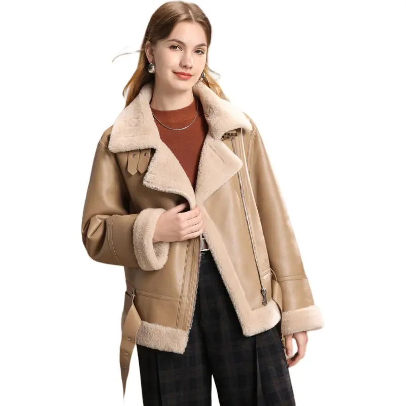 FENHONGMALI Leather Jacket Women's Oatmeal/Light Khaki-1
