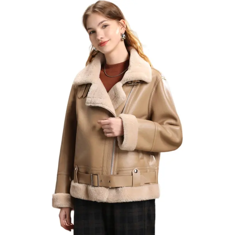 FENHONGMALI Leather Jacket Women's Oatmeal/Light Khaki-2