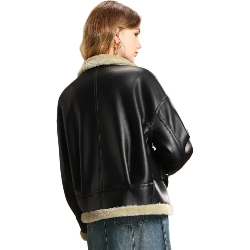 FENHONGMALI Leather Jacket Women's Gray Green/Black-3
