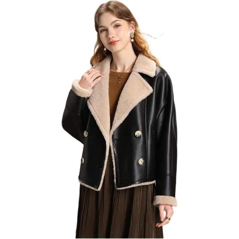 FENHONGMALI Leather Jacket Women's Oat/Black-1