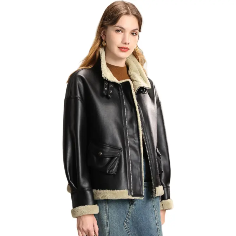 FENHONGMALI Leather Jacket Women's Gray Green/Black-2