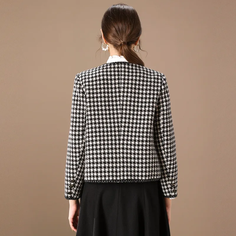 FENHONGMALI Jackets Coats Women's Black White Plaid-0