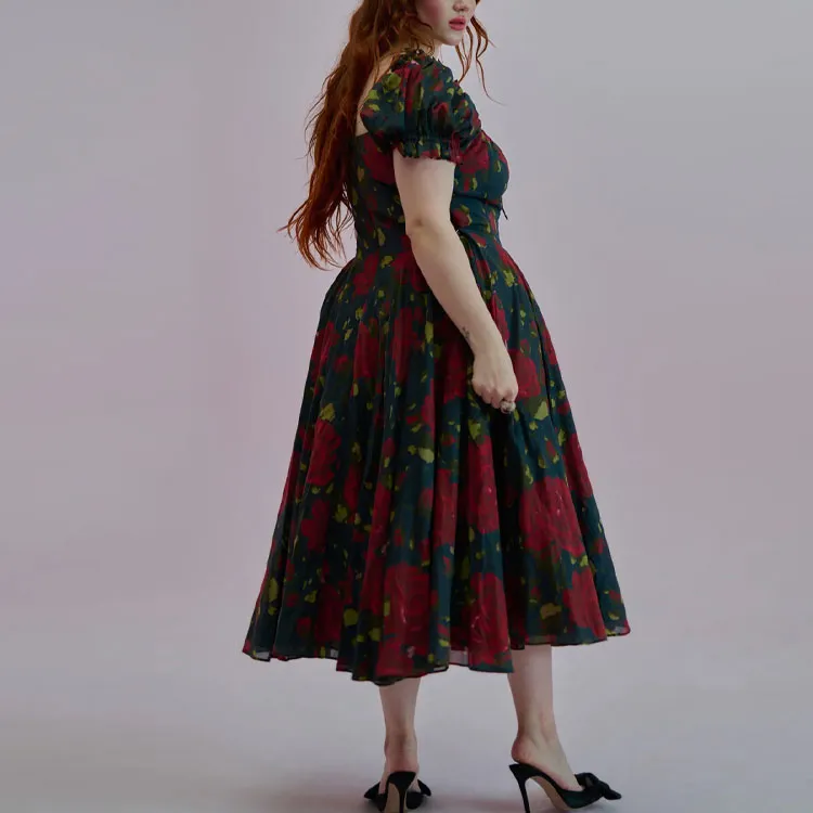 Selkie Collection SS25 Short Sleeved Dress Women's Red Rose Print Under The Night-3