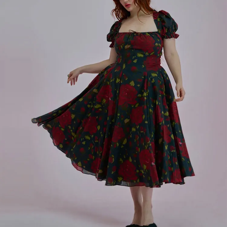 Selkie Collection SS25 Short Sleeved Dress Women's Red Rose Print Under The Night-2