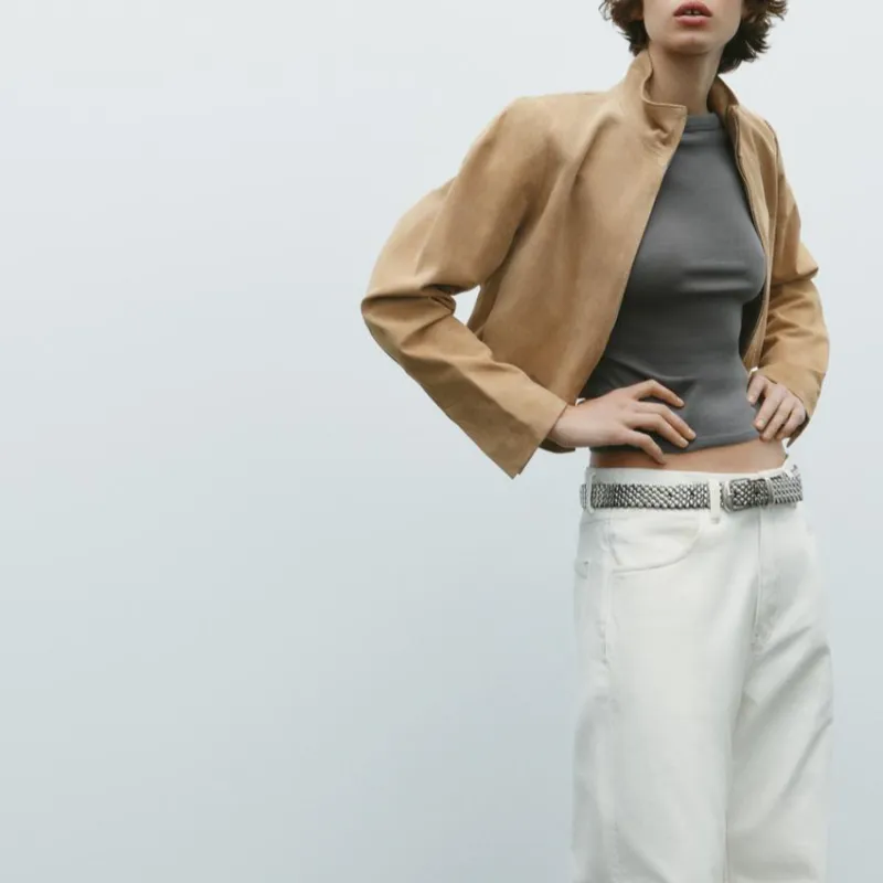 ZARA Leather Jacket Women's Light Beige-3