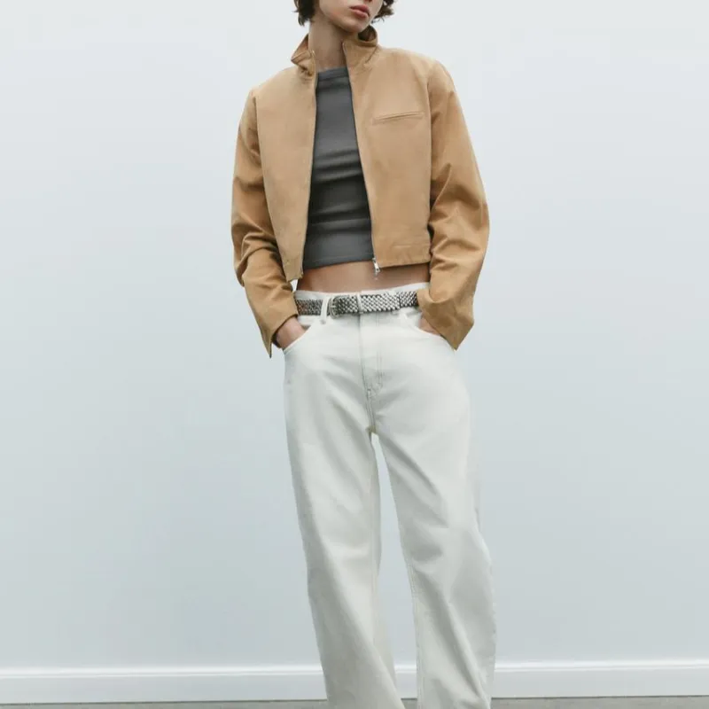 ZARA Leather Jacket Women's Light Beige-2