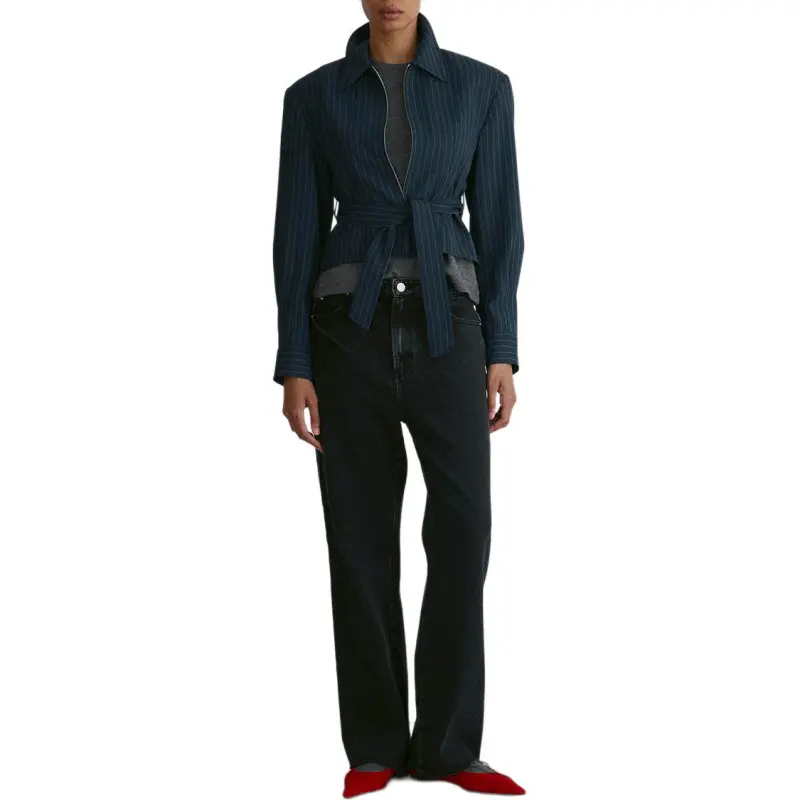 RECTO FW24 SUSTAINABLE PIN STRIPE BELT DETAIL JUMPER Shirt Women's DARK NAVY/Dark Marine Blue-2