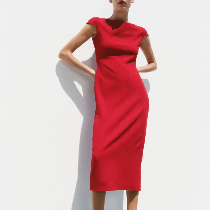 ZARA ZW Series Short Sleeved Dress Women's Red-3