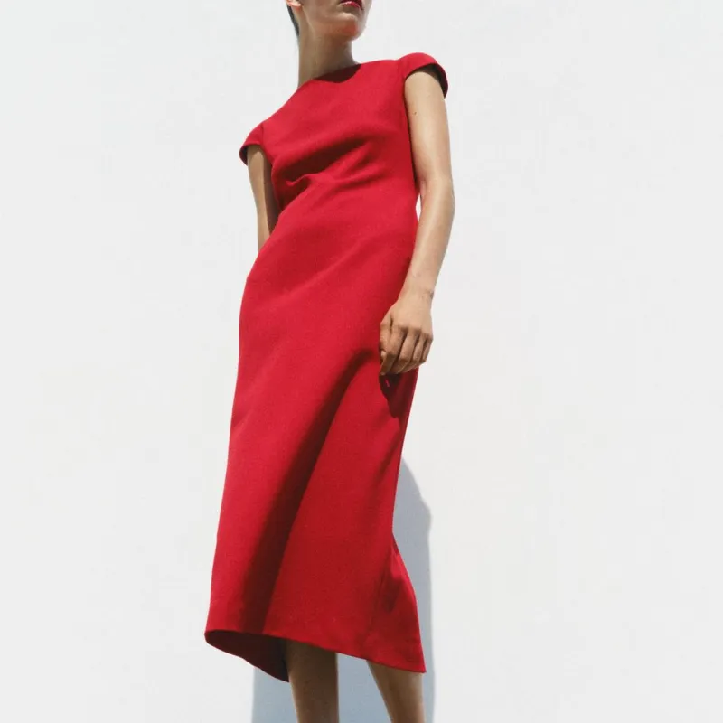 ZARA ZW Series Short Sleeved Dress Women's Red-2