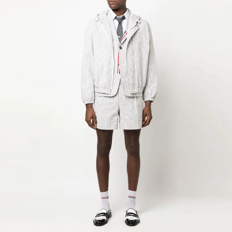 THOM BROWNE Striped Seersucker Cuff Shorts-2