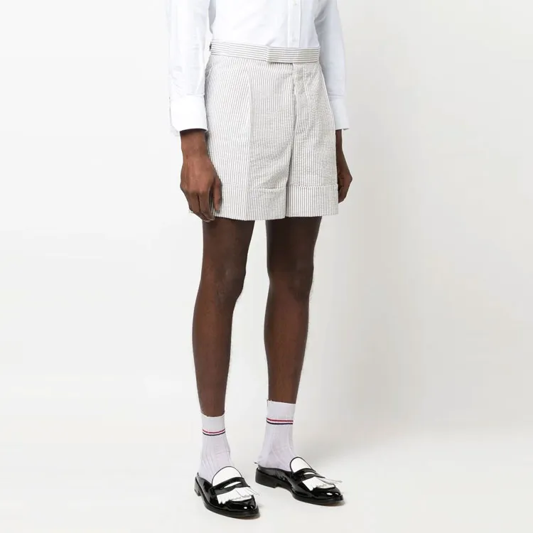 THOM BROWNE Striped Seersucker Cuff Shorts-3
