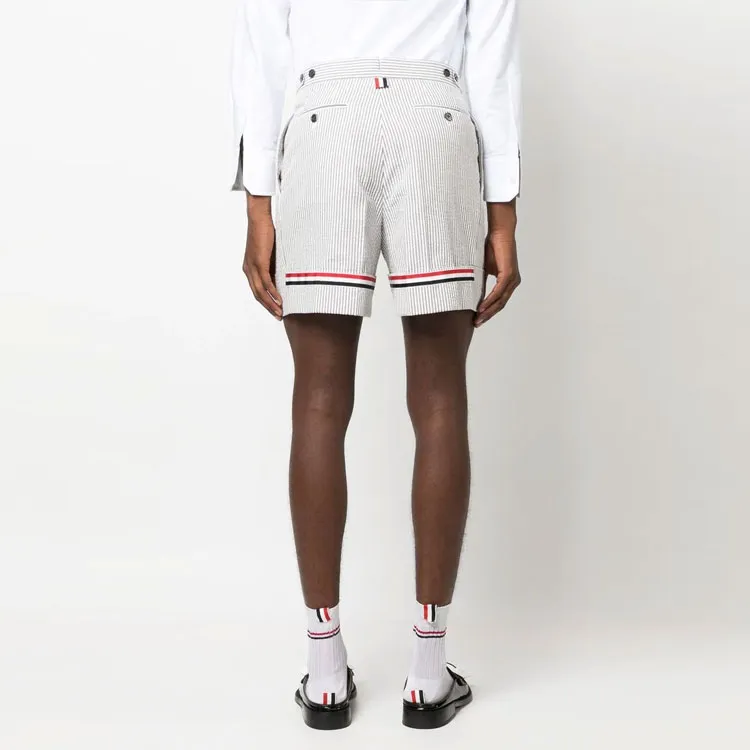 THOM BROWNE Striped Seersucker Cuff Shorts-1