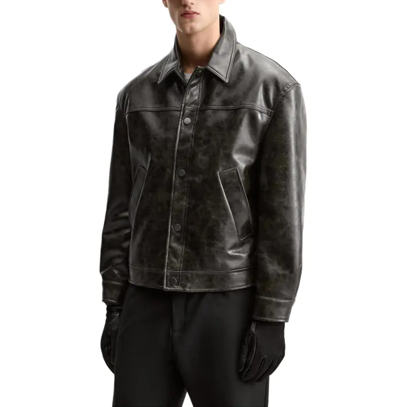 ZARA Leather Jacket Men's Green-2