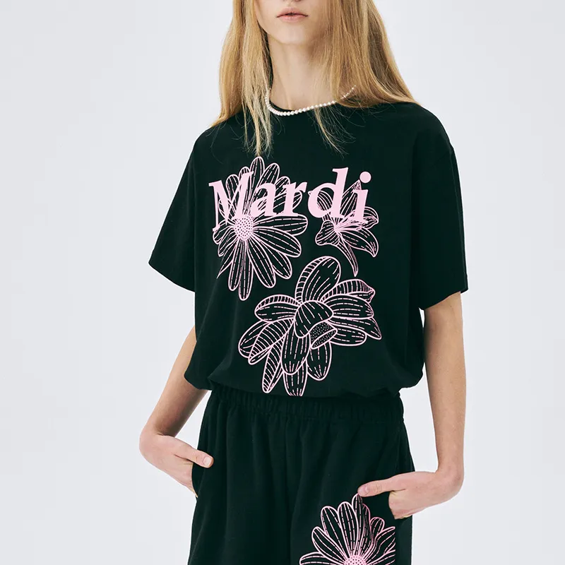 MARDI MERCREDI Three Flowers Collection SS25 T-Shirt Women's Black Pink Korean Style-1