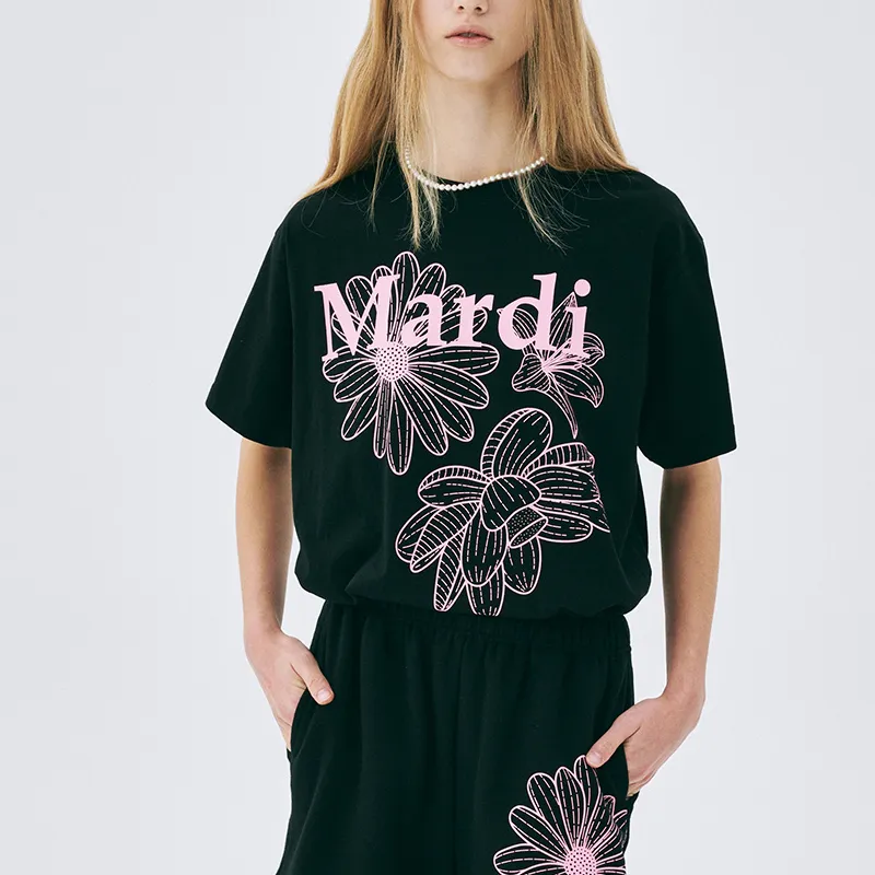 MARDI MERCREDI Three Flowers Collection SS25 T-Shirt Women's Black Pink Korean Style-6