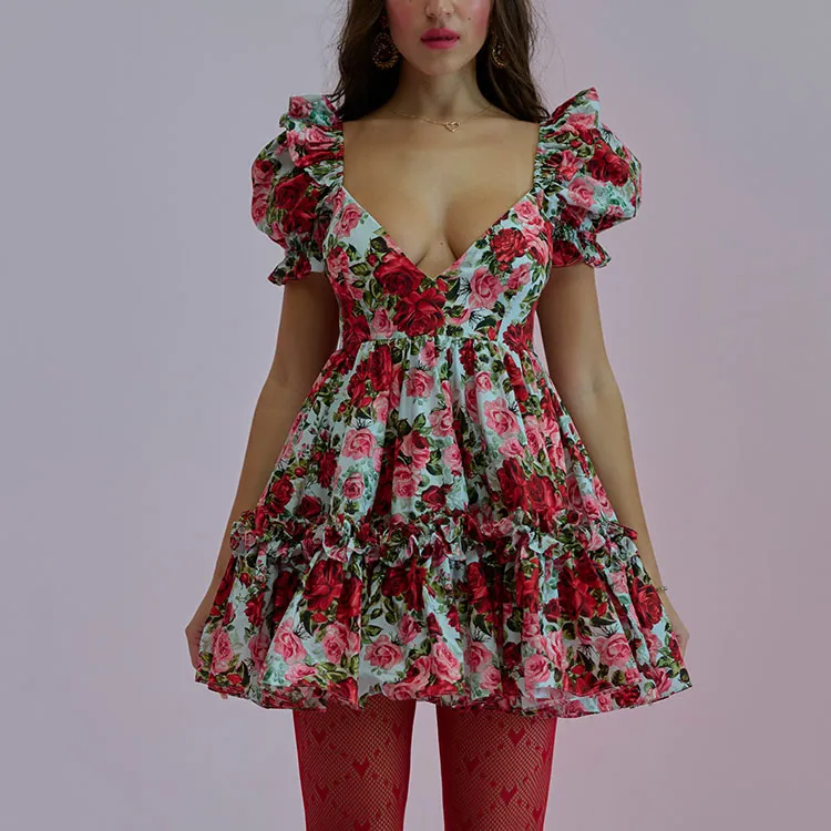 Selkie Collection SS25 Short Sleeved Dresses Women's White Base Rose Print-3