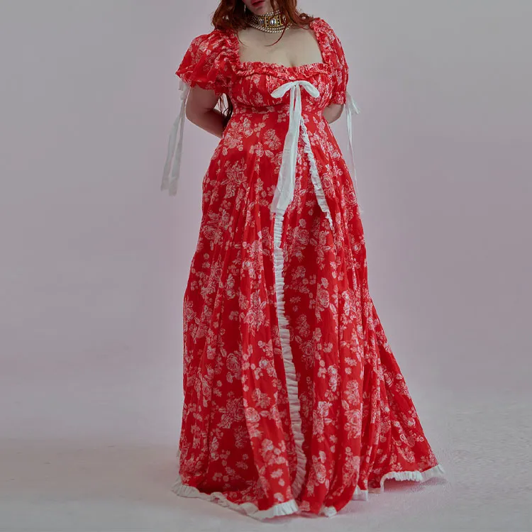 Selkie Collection SS25 Short Sleeved Dresses Women's Red Background With Rose Print-2