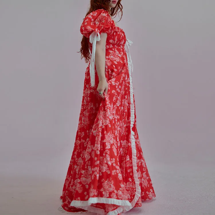 Selkie Collection SS25 Short Sleeved Dresses Women's Red Background With Rose Print-3