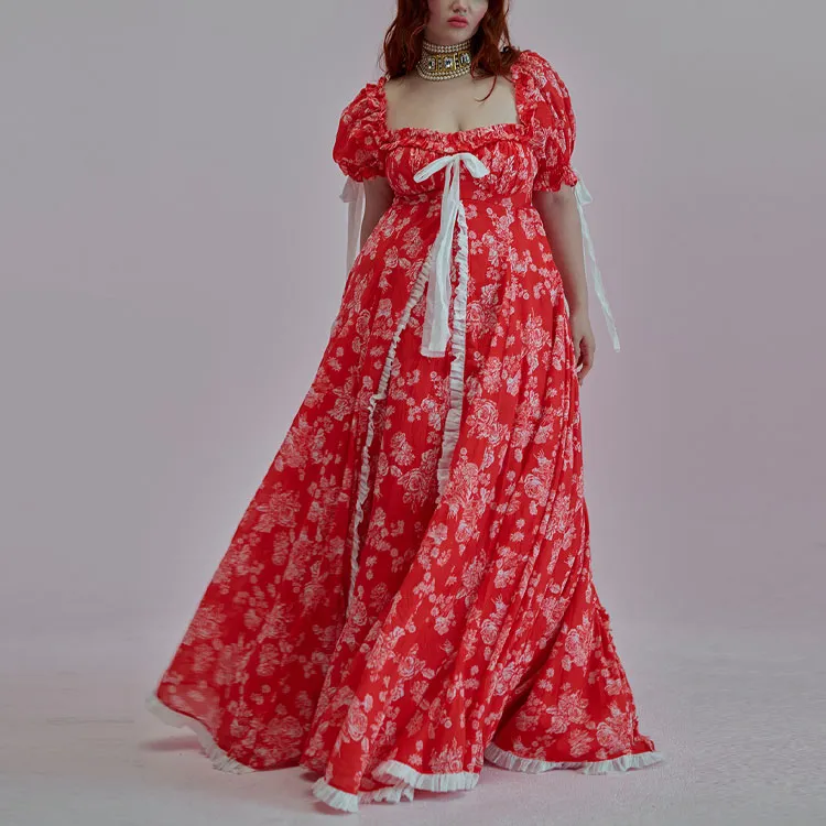 Selkie Collection SS25 Short Sleeved Dresses Women's Red Background With Rose Print-1