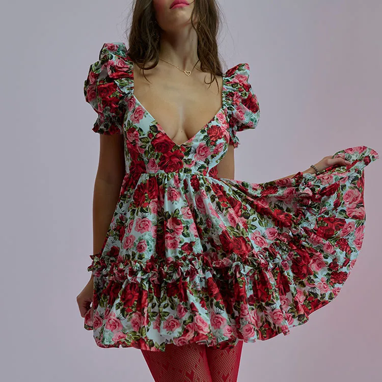 Selkie Collection SS25 Short Sleeved Dresses Women's White Base Rose Print-1