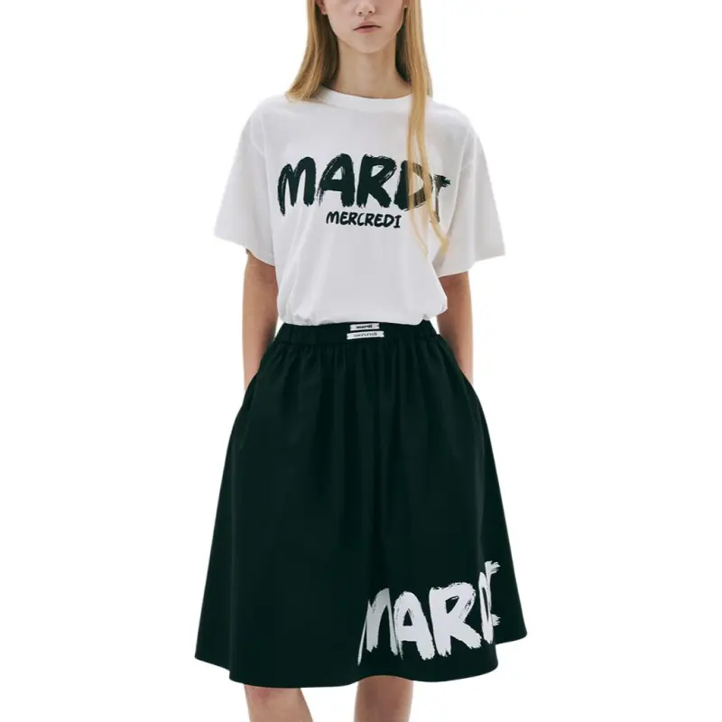 MARDI MERCREDI Drop Shoulder Sleeve T Shirt Women's Ivory Black Korean Style-1