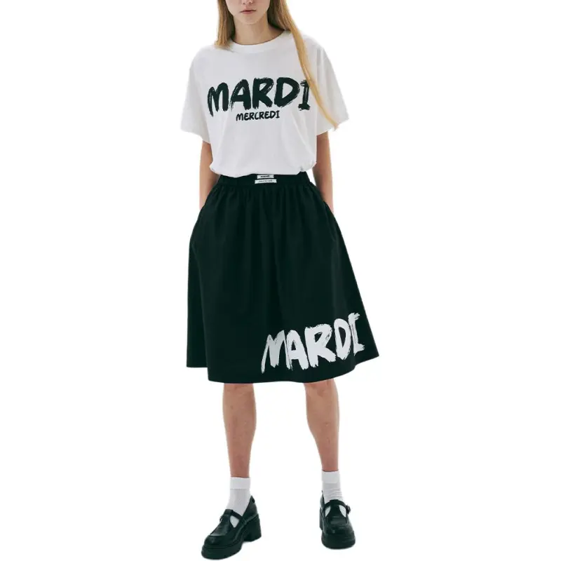 MARDI MERCREDI Drop Shoulder Sleeve T Shirt Women's Ivory Black Korean Style-3