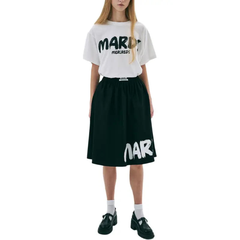 MARDI MERCREDI Drop Shoulder Sleeve T Shirt Women's Ivory Black Korean Style-2