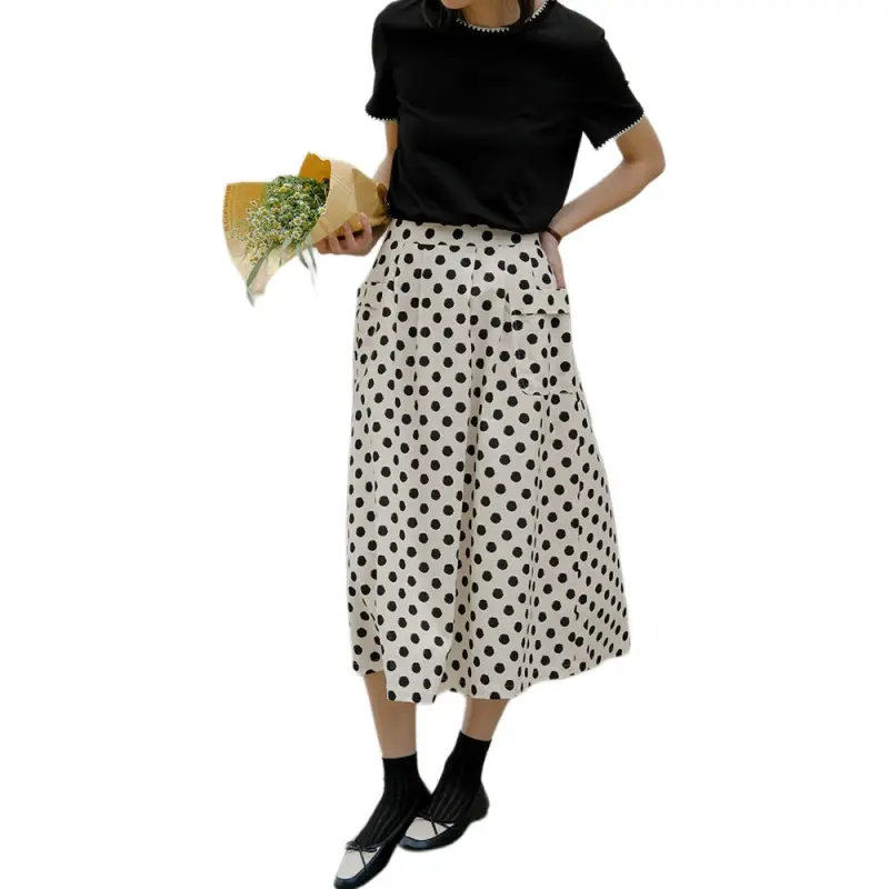 SOLIGHTER Casual Long Skirt Women's Beige With Black Polka Dots-1