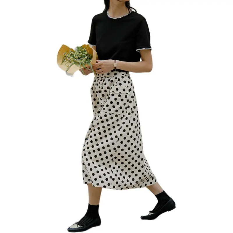SOLIGHTER Casual Long Skirt Women's Beige With Black Polka Dots-3