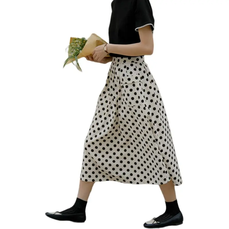 SOLIGHTER Casual Long Skirt Women's Beige With Black Polka Dots-2