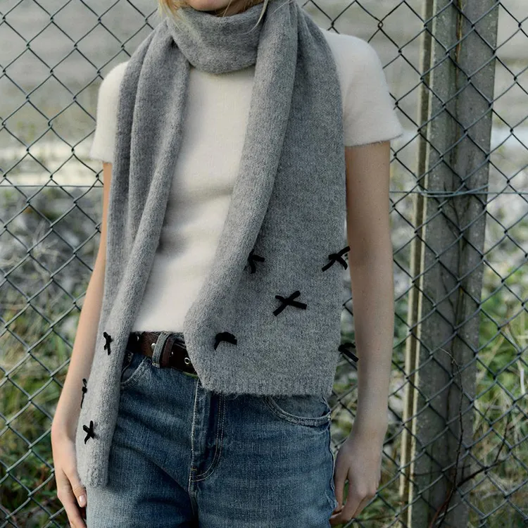 ZARA Wool Alpaca Velvet Acrylic Polyamide Polyester Elastane Knit Scarves Women's Gray-2