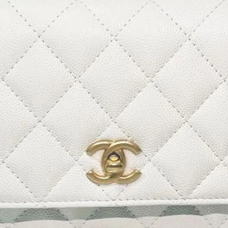 CHANEL 24A Gold Buckle Calfskin Handbag Crossbody Chain Bag Women's White-3