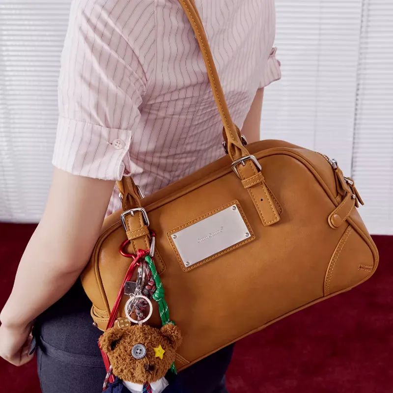 MCMIKO Suede Leather Bowling Bag Shoulder Bag Medium Size Women's Brown-2