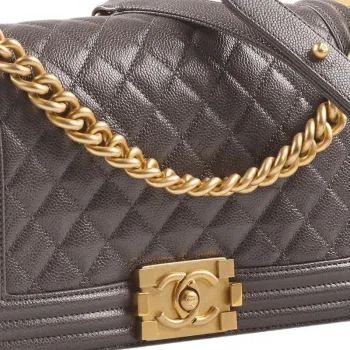 CHANEL Gold Metal Grain Embossed Caviar Calfskin Flap Bag, Shoulder Bag, Crossbody Bag Women's Dark Gray