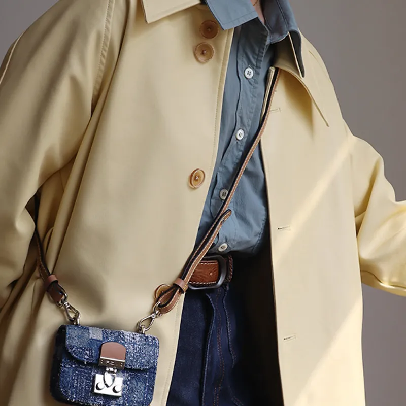 FION Fabric Small Square Bag, Crossbody Bag Regular Mini Women's Dark Blue/Camel-2