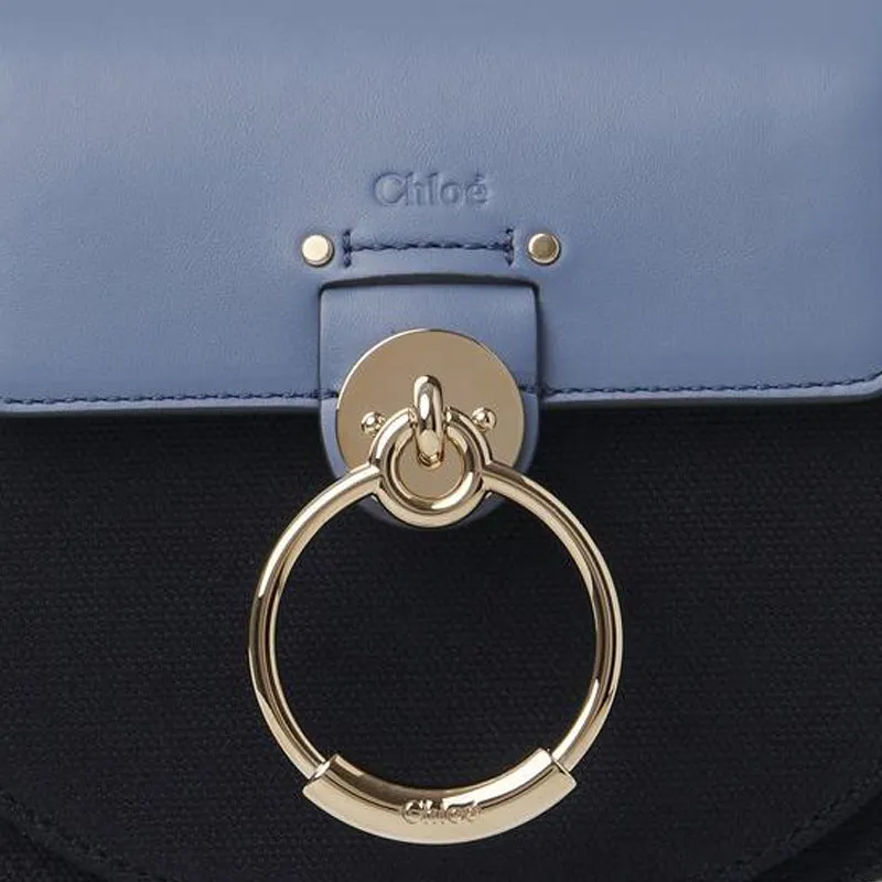 Chloe Tess Linen Canvas With Shiny Calfskin Shoulder Bag Crossbody Bag Handbag Small Size Women's Blue/Black-3