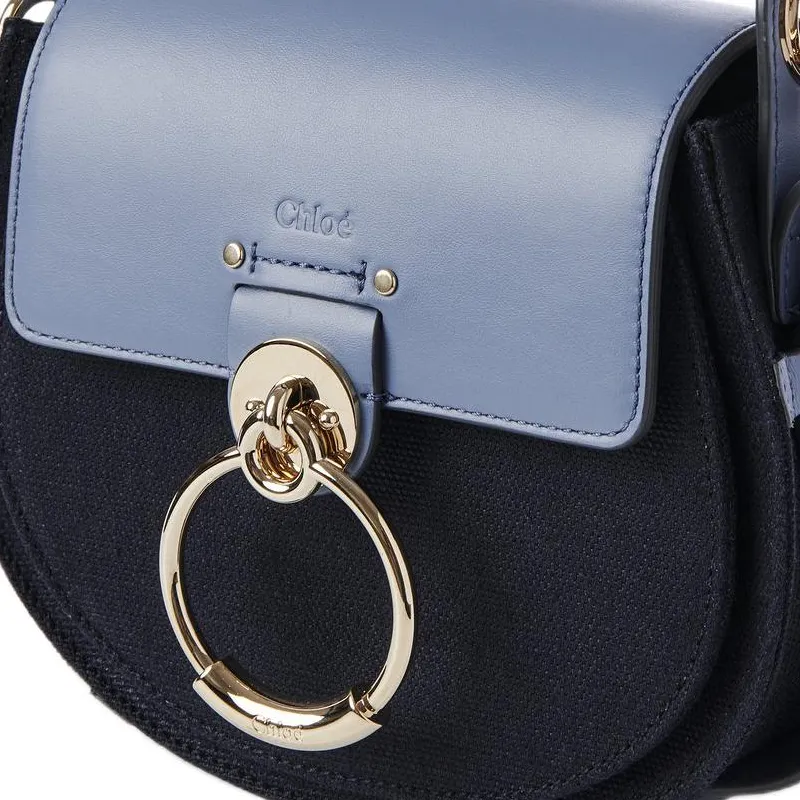 Chloe Tess Linen Canvas With Shiny Calfskin Shoulder Bag Crossbody Bag Handbag Small Size Women's Blue/Black-4