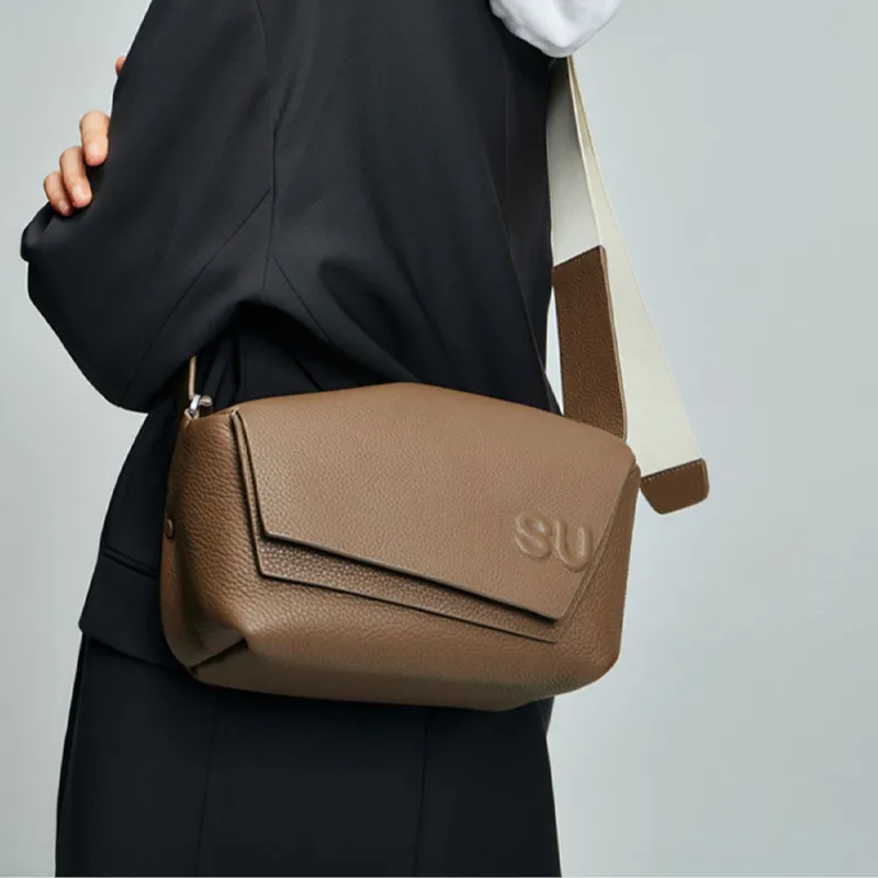 SUREN Top Grain Cow Leather Shoulder Bag Crossbody Bag Medium Size Women's Black/Milk Tea Brown/Vermilion-3