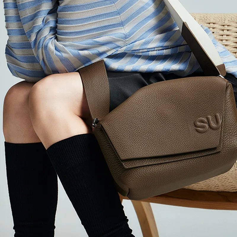 SUREN Top Grain Cow Leather Shoulder Bag Crossbody Bag Medium Size Women's Black/Milk Tea Brown/Vermilion-4