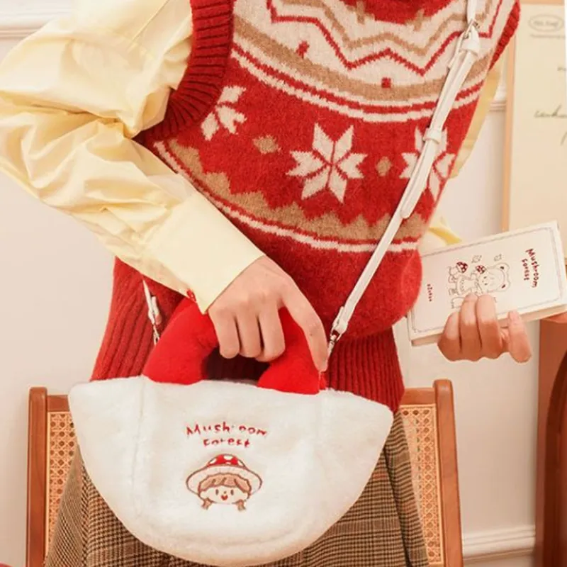 M&G SHOP Plush With PU Tote Shoulder Bag Crossbody Bag Handbag Regular Unisex White/Red-2