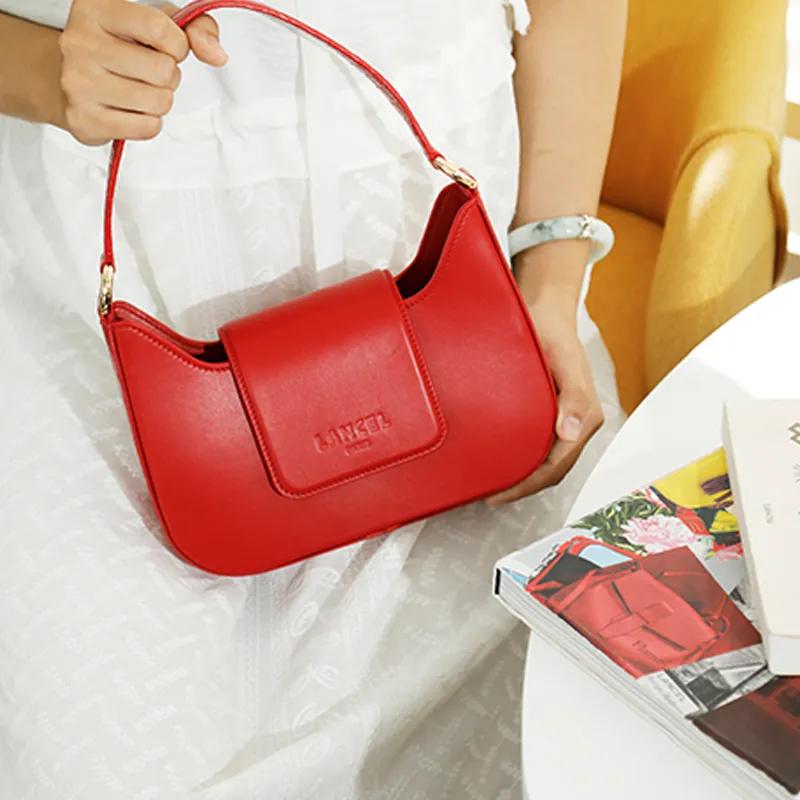 LANCEL SIXTINE Cow Leather Shoulder Bag Small Size Women's Red-5