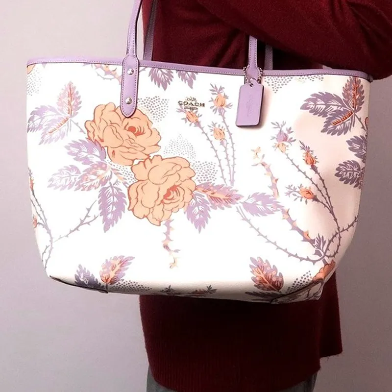 COACH City Canvas With Artificial Leather Tote Handbag Shoulder Bag Large Size Women's White Purple Multicolor-5