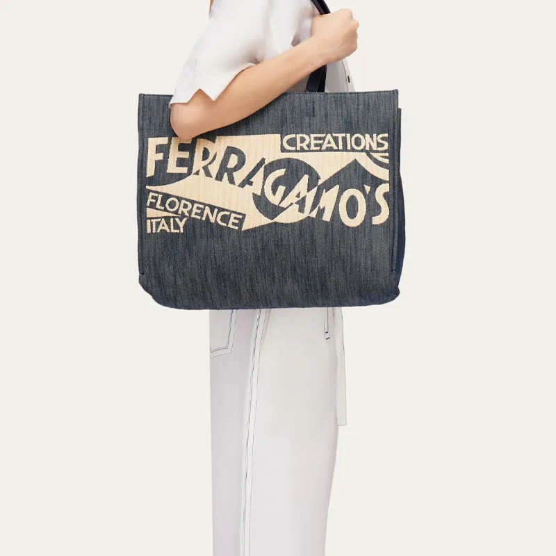 FERRAGAMO Denim With Calfskin Tote Bag Shopping Bag Handbag Large Size Women's Denim & Natural-5
