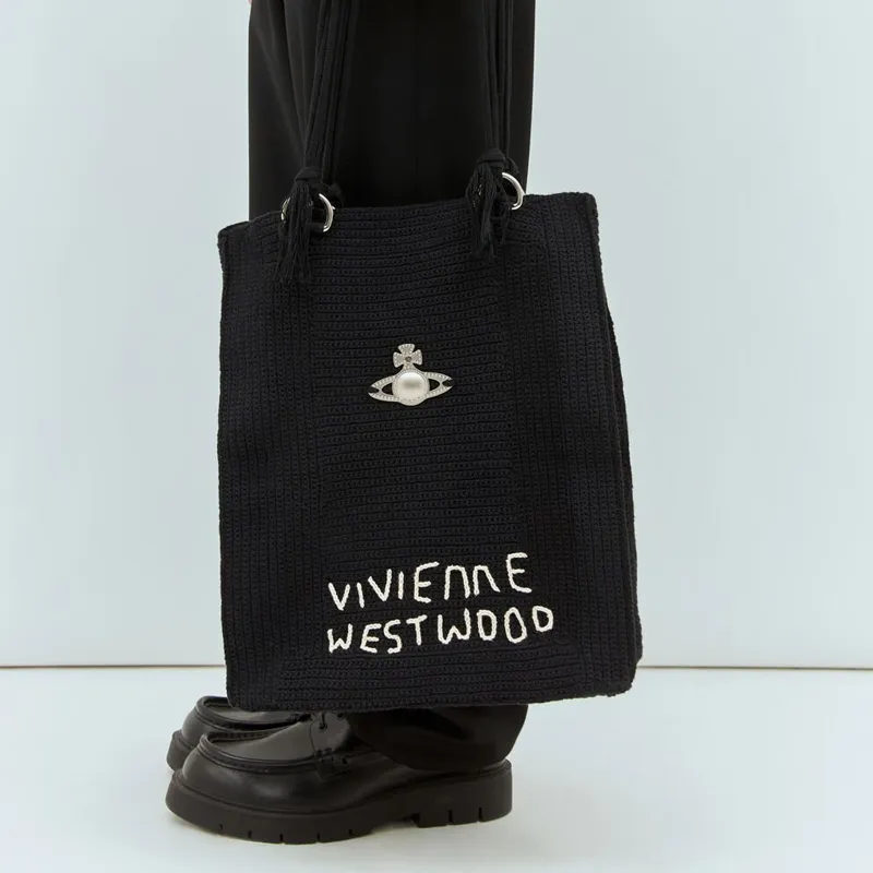 Vivienne Westwood Cotton Tote Bag, Shopping Bag, Shoulder Bag, Handbag Tubas Unisex Black-7