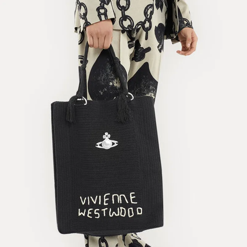 Vivienne Westwood Cotton Tote Bag, Shopping Bag, Shoulder Bag, Handbag Tubas Unisex Black-6