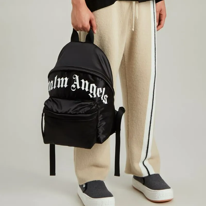 PALM ANGELS Technical Fabric Curved Logo Backpack Black White-5