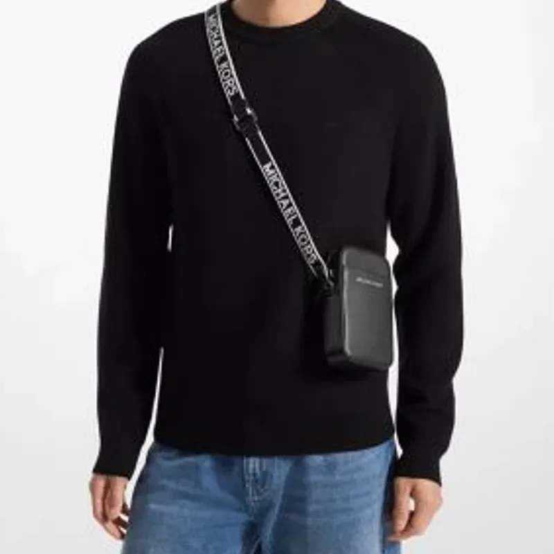 MICHAEL KORS MK Cooper Litchi Grain Leather One Shoulder Crossbody Cell Phone Pouch Men's Black-4