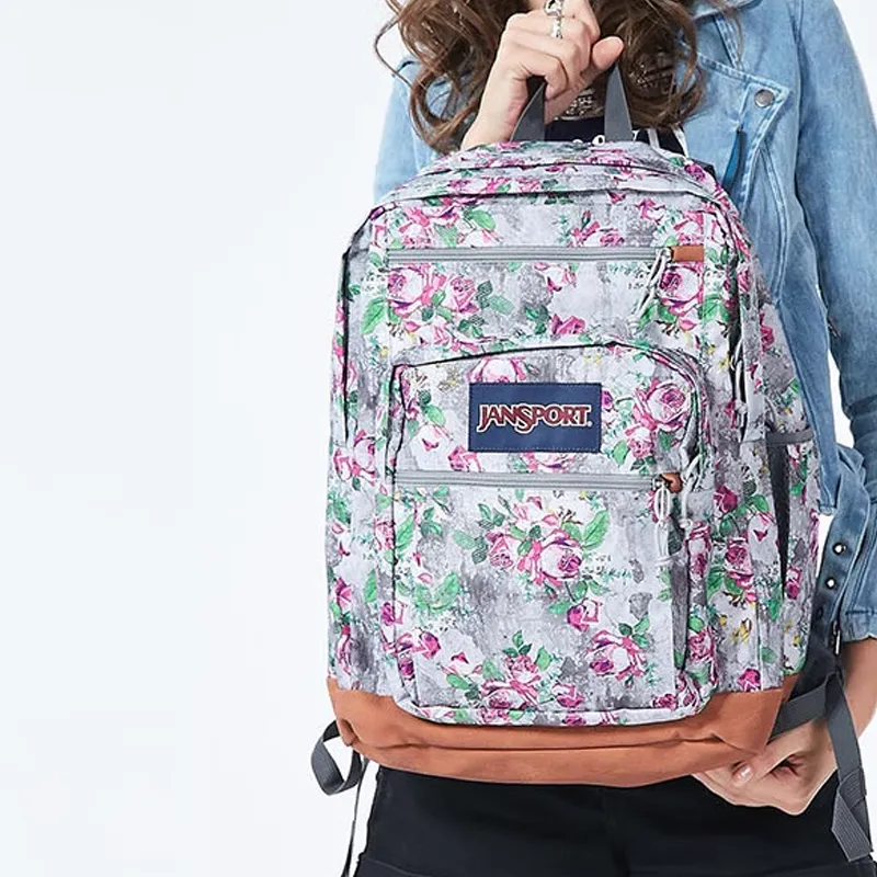 JanSport Fabric With Leather Backpack Large Size Unisex Cherry Blossom Cheongsam Color-3